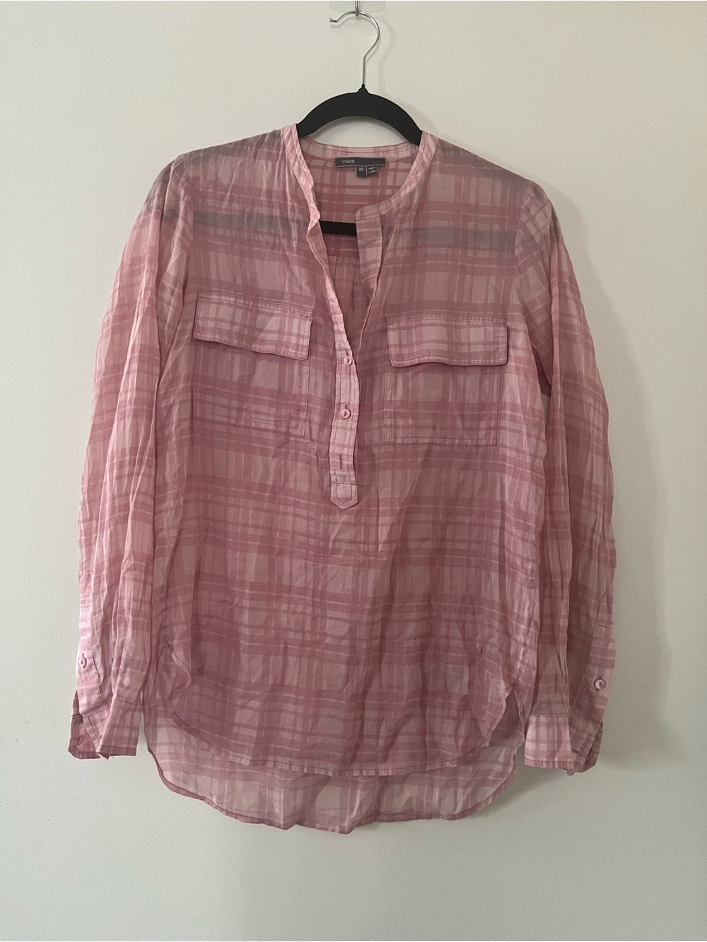 Vince Pink Plaid Cotton Tunic Popover Blouse XS Western Farmhouse Cottagecore